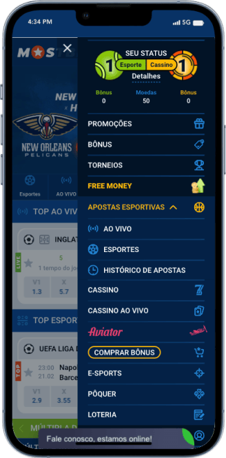 Menu principal da Mostbet mobile